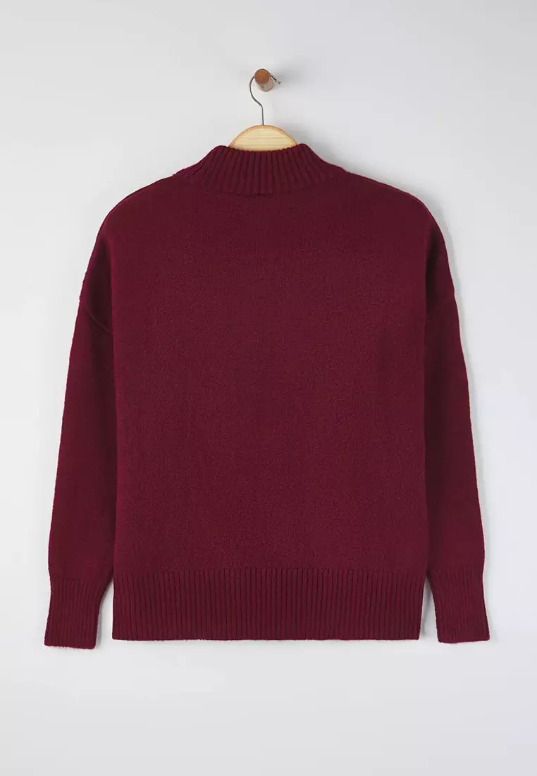 Claret Red Wide Pattern Soft Textured Stand Collar Knitwear Sweater