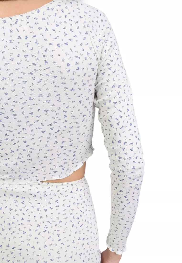 Ditsy Floral Pointelle L/S Top And Ruffled Skirt Set