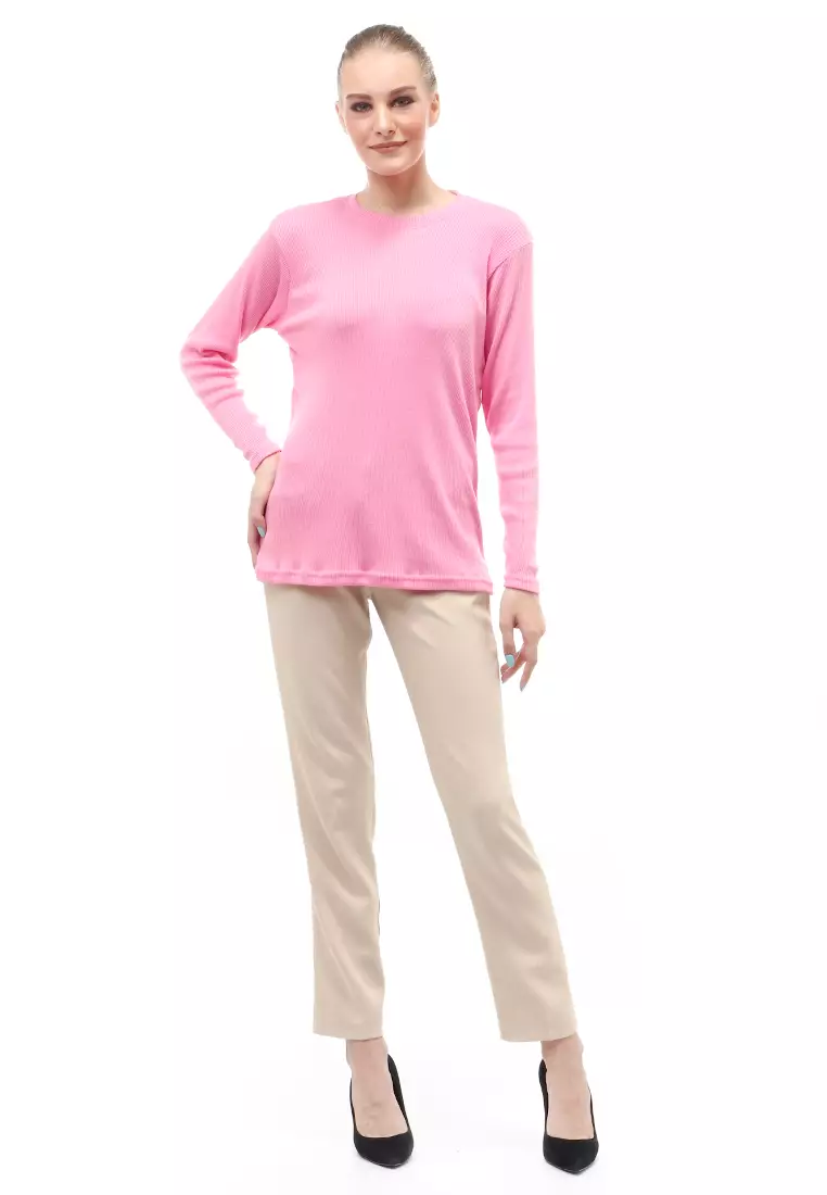 Briley Kaos Atasan Wanita Long Sleeves Motif Salur Relaxed Fit - Soft Pink