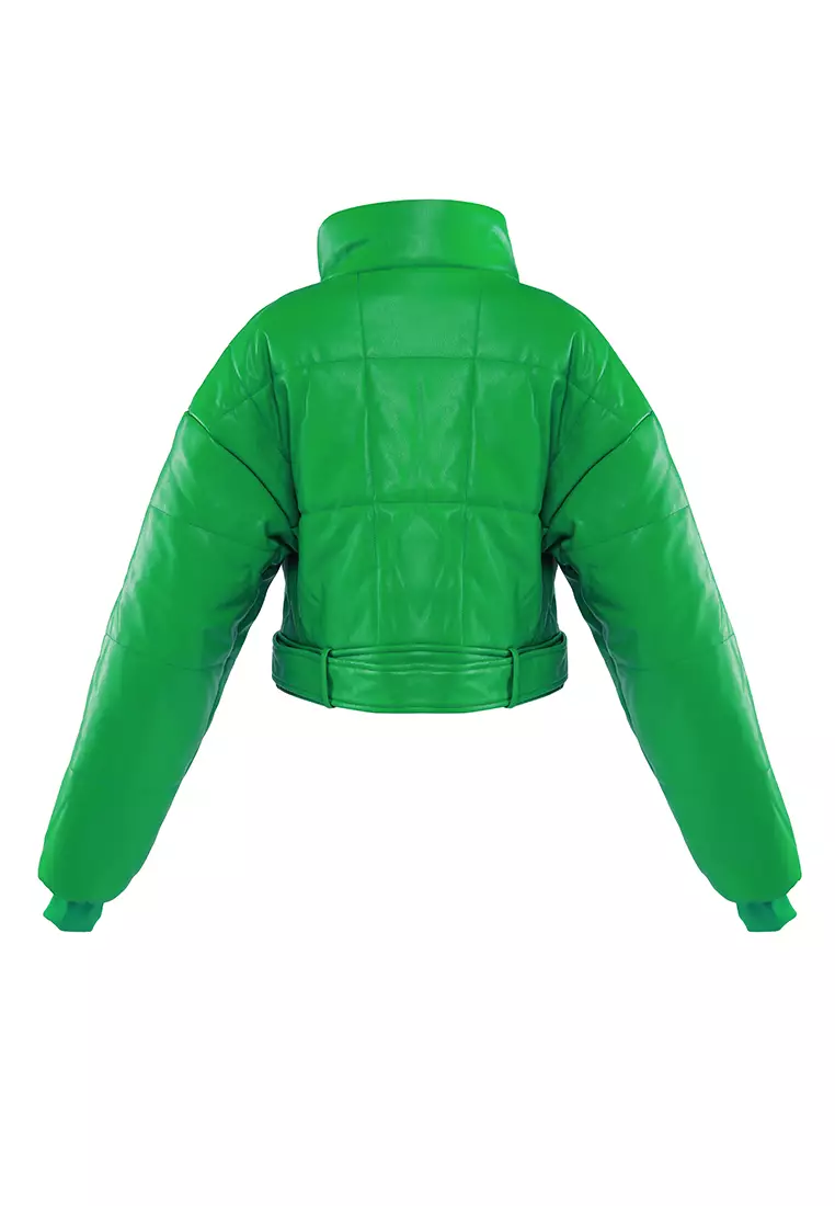 Bright Green Cropped Belted Puffer Jacket