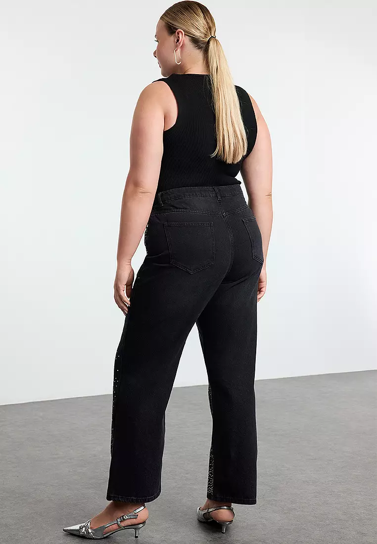 Stoned High Waist Straight Fit Jeans