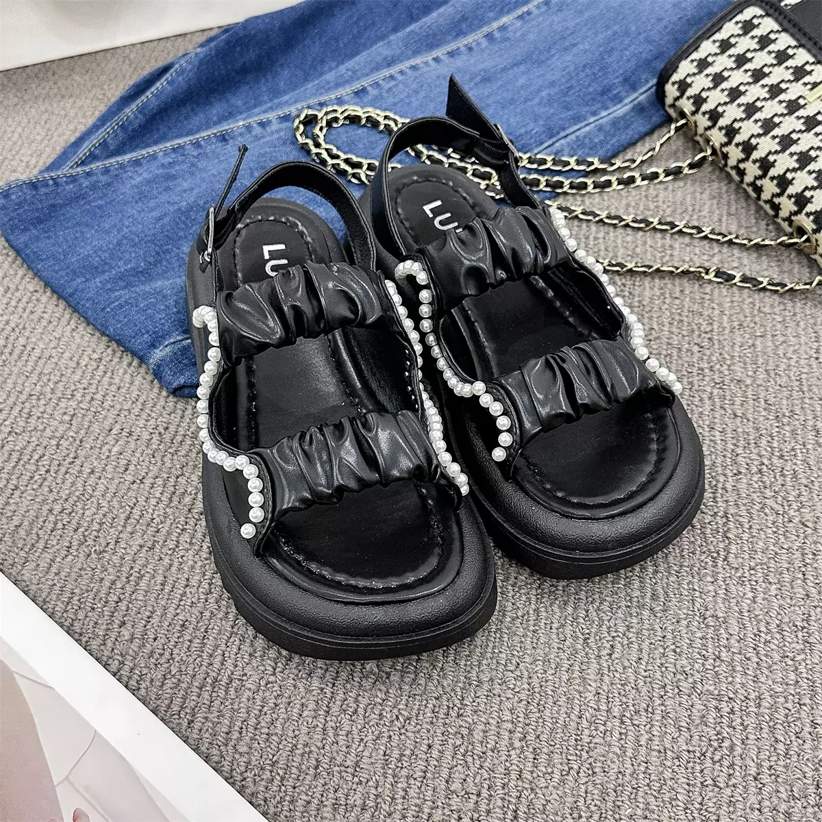 Sandal Flat Kaki Lebar Motif Mutiara Wanita Sendal Cewek WL210