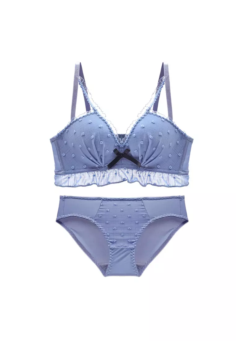 Women's Japanese Style Cute Ribbon Lace-trimmed Push Up Lingerie Set (Bra  And Underwear) - Blue