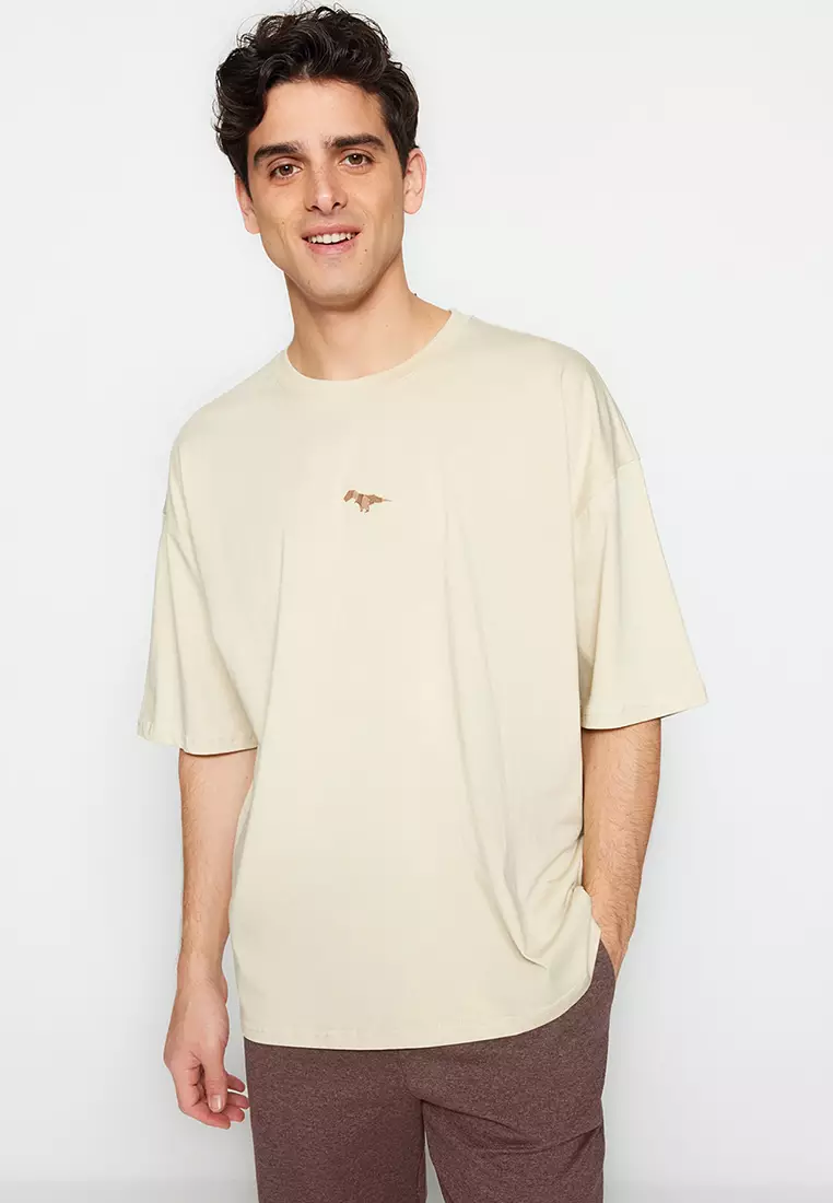 Crew Neck Short Sleeve Dinosaur Embroidered T-Shirt