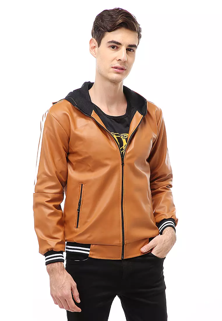Halbert Outerwear Jaket Kulit Hoodie Pria Model List Material Leather ORIGINAL - Tan