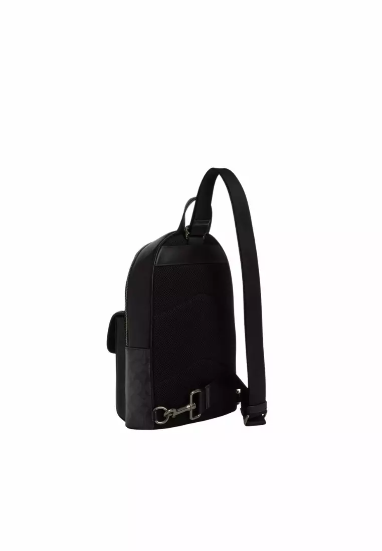 Coach Turnlock In Signature Canvas Sling Bag In Charcoal Black CAJ92