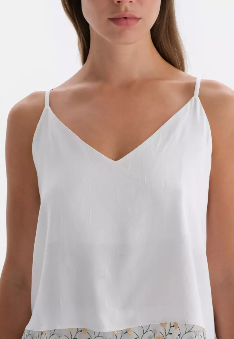 Ecru Camisole & Shorts Set, Floral Printed, V-Neck, Slim Fit, Short Leg, Underwear for Women