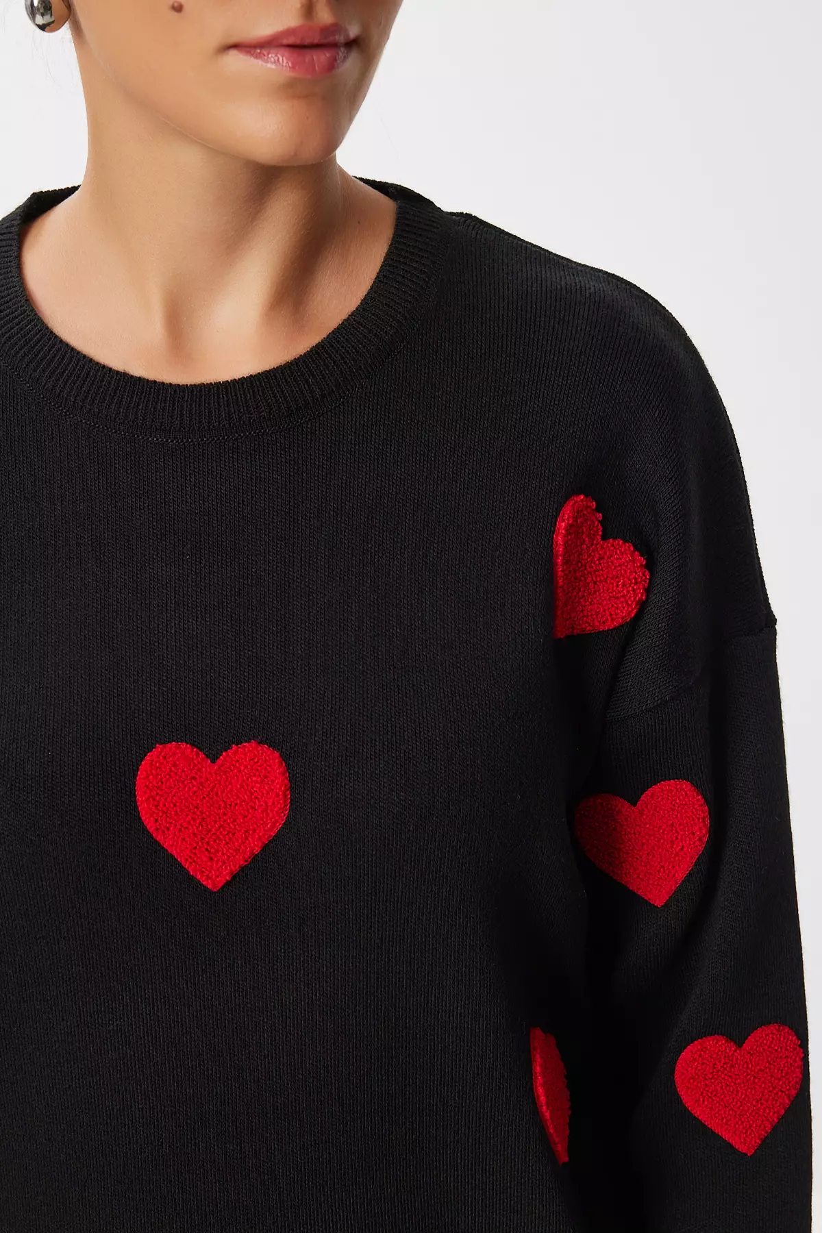 Women'S Burgundy Heart Textured Oversize Knitwear Sweater Nx00005