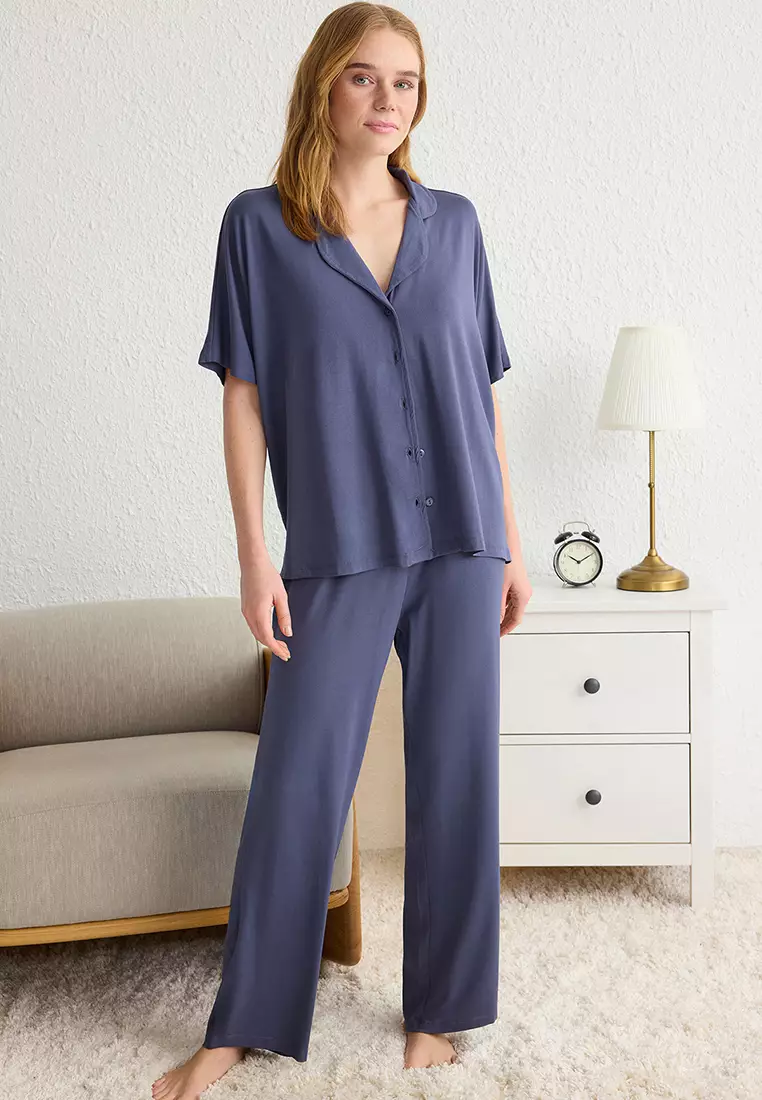Navy Blue Comfortable Viscose Maternity Knitted Pajama Set THMSS25PT00165