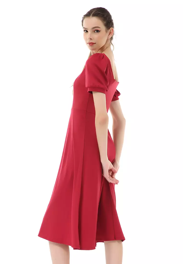 Rachel Long Dress Wanita Lengan Pendek Motif Polos Material Cotton ORIGINAL - Red