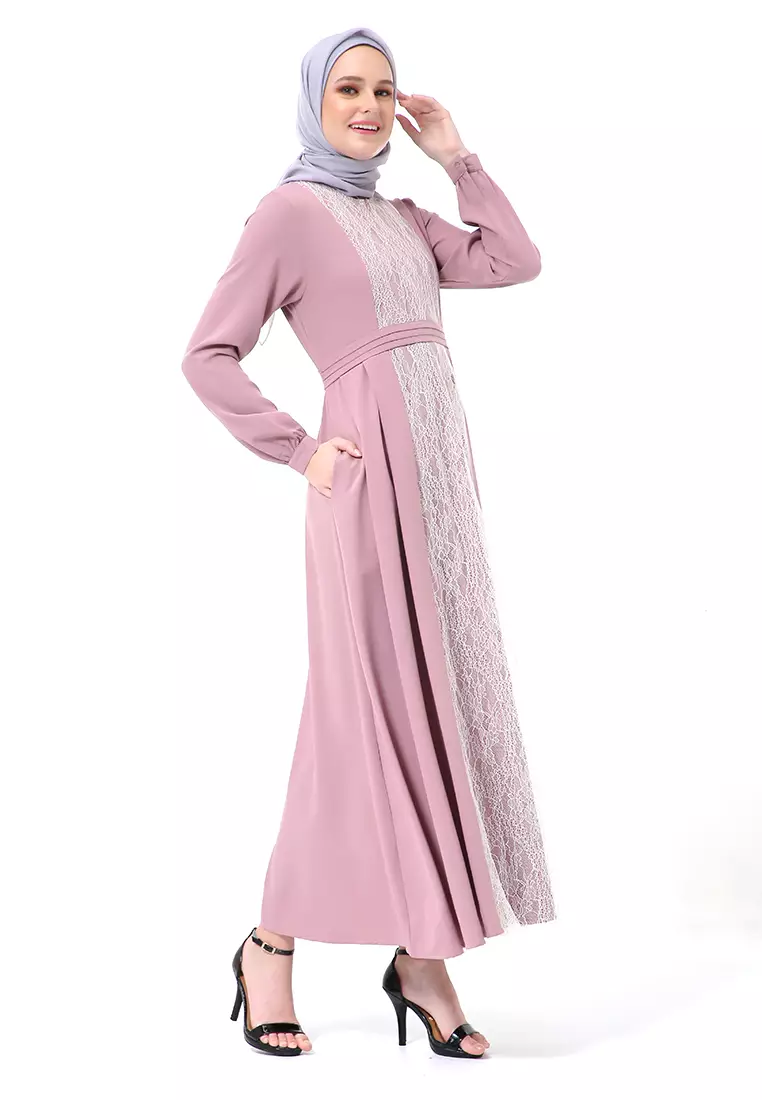 Adinda Dress Muslimah Detail Brukat Lengan Panjang Regular Fit High Quality Premium - Peony