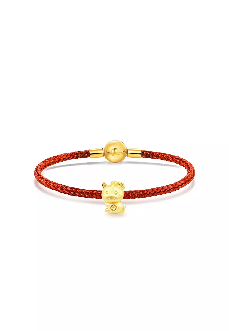 THE Mix Collection 999.9/24K Pure Gold 12 Zodiac Charm Red Steel Wire Clasp Bracelet Set L1-B650G