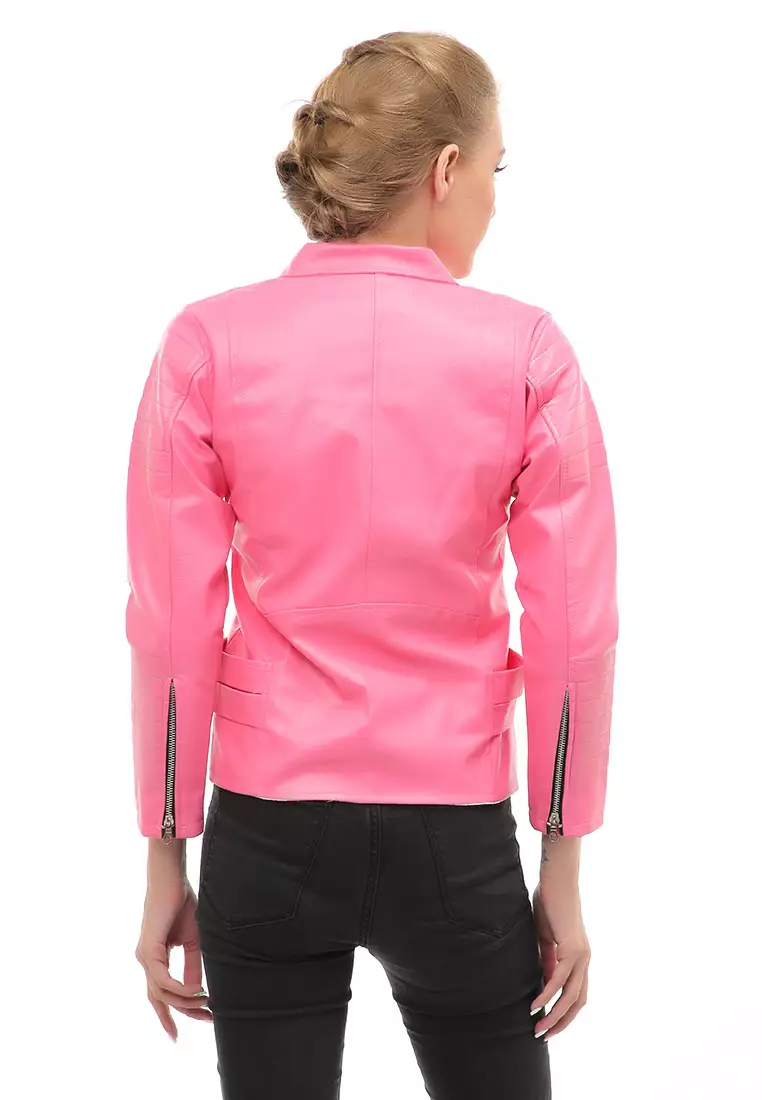 Glenice Jacket Fashion Wanita Windproof & Waterproof Desain Zipper Pocket Material Leather ORIGINAL - Pink