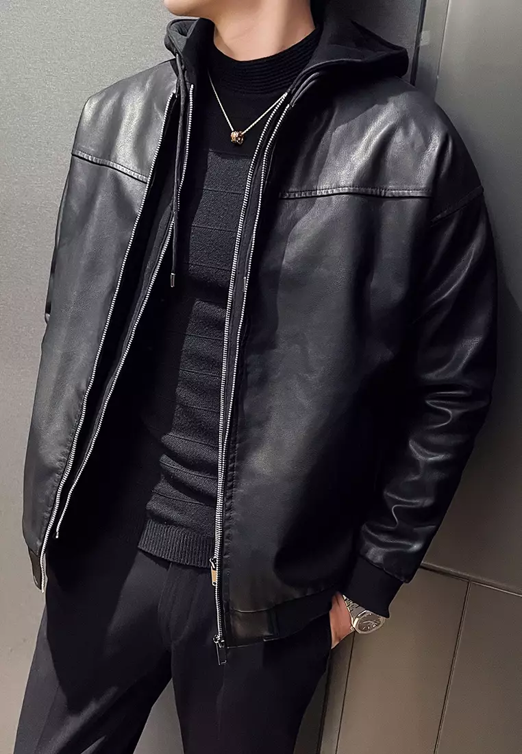 Men's Faux Leather Hooded Jacket MJ906