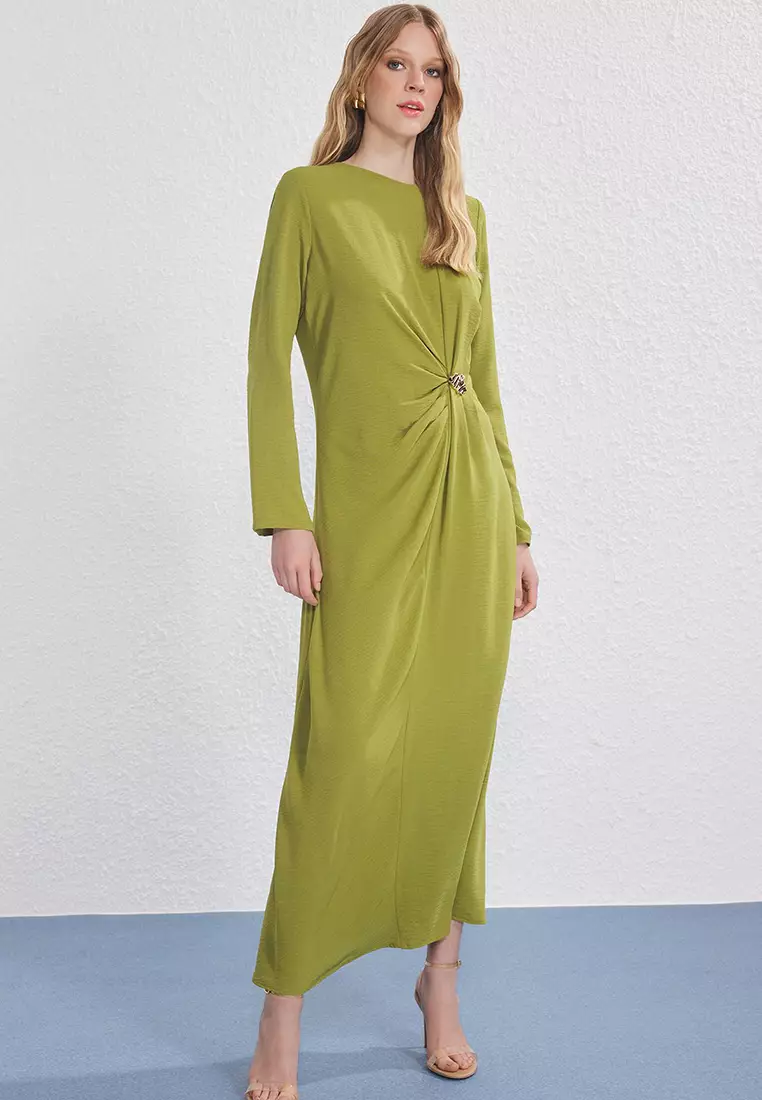 Khaki Gold Brooch Detailed Aerobin Woven Dress TCTSS25EB00138