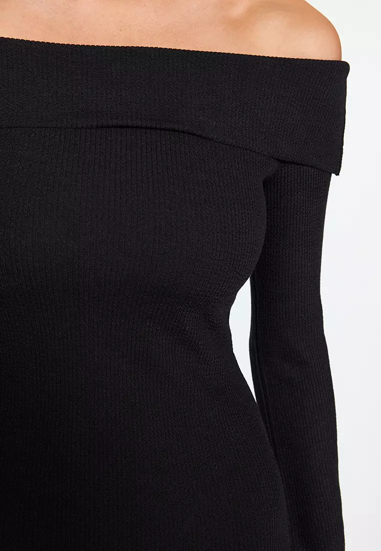 TrendAura Black Cotton Off Shoulder Midi Dress For Women Breathable Comfort And Elegant Style