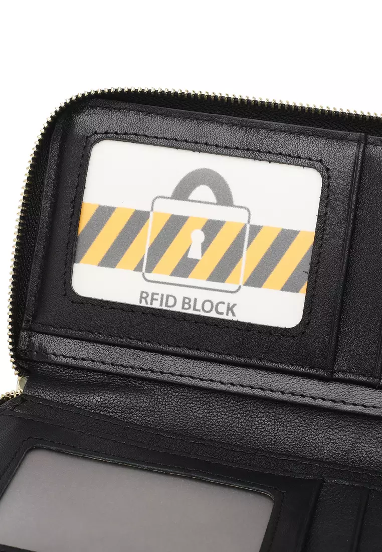 Genuine Leather Zipper Long Wallet - Black