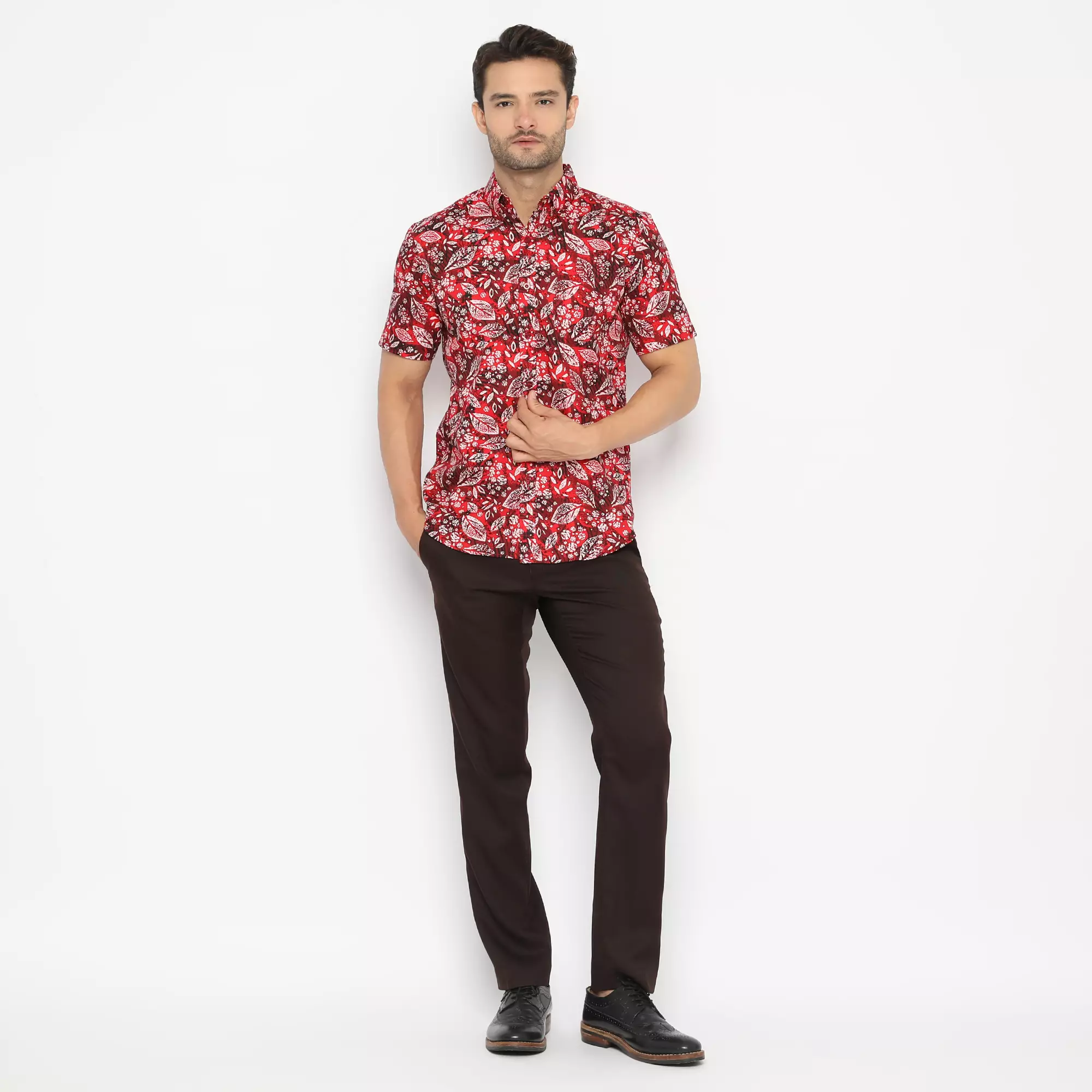 Platini Kemeja Motif Hawai Pria Pendek Katun Merah 132038