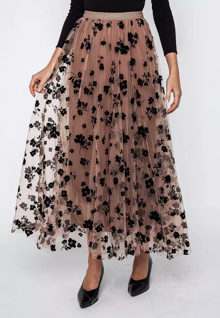 Flowery Velvet Print Long Skirt With Full Lining And Elastic Waistband