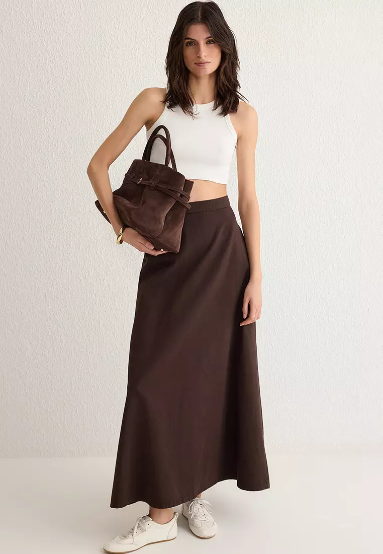 Brown Flounce Maxi Denim Skirt