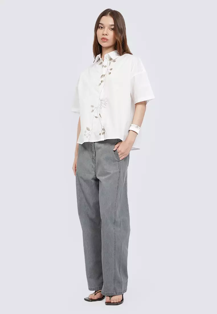 Hi Lo Embroidered Blouse OFF WHITE