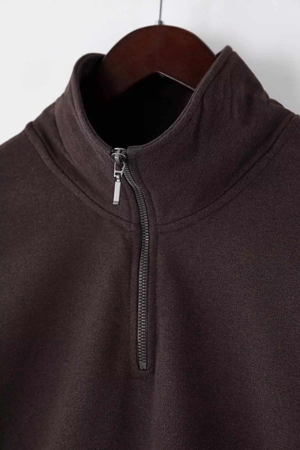 Dark Brown Oversize/Wide Stand Collar Zippered Label Fleece Inside Sweatshirt Tmnaw25Sw00168
