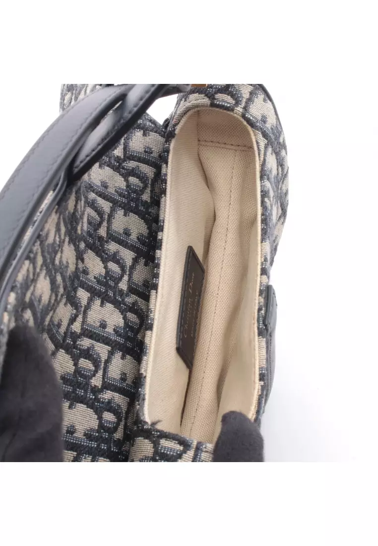 Pre-Loved Christian Dior saddle bag mini oblique jacquard Handbag canvas leather ivory Navy With optional shoulder strap 2WAY