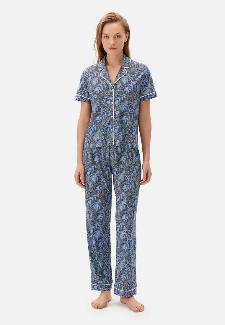 Blue Shirt & Trousers Knitwear Set, Paisley Printed, Shirt Collar, Regular, Long Leg, Short Sleeve Sleepwear for Women