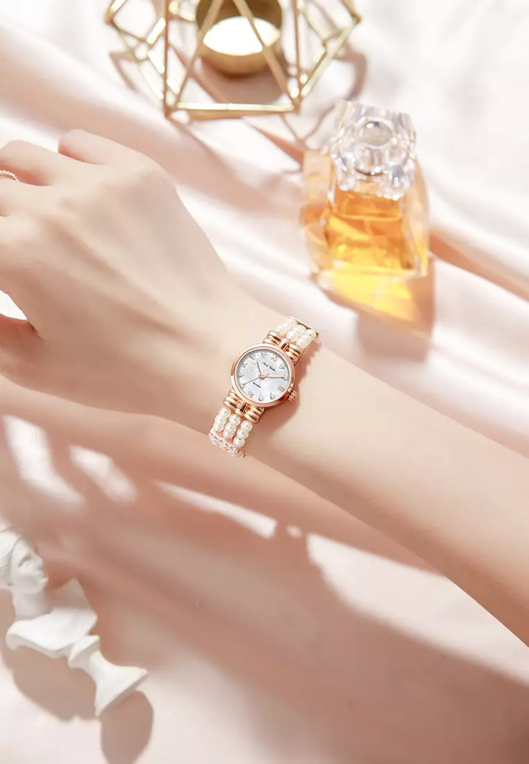 Jam Tangan Wanita Gelang Anti Air Original Fashion Korea Tali Mutiara Jam Tangan Cewek Rosewhite