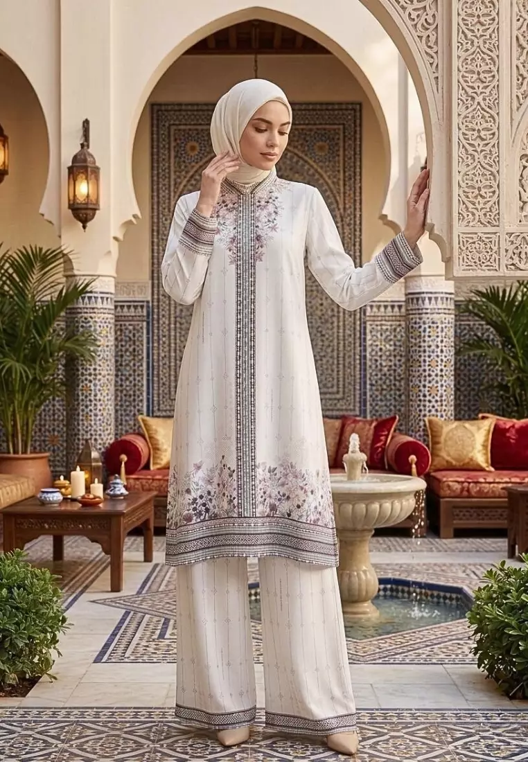 Tunik Panjang Muslimah Kekinian Motif Etnik Border (Dijual Terpisah) In Broken White By Brilliant Girl Warna TUNIK