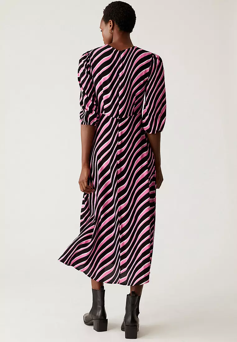 Striped Round Neck Midi Tea Dress