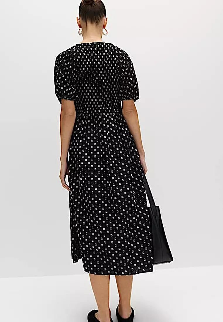 Cotton Rich Printed Puff Sleeve Midi Waisted Dress