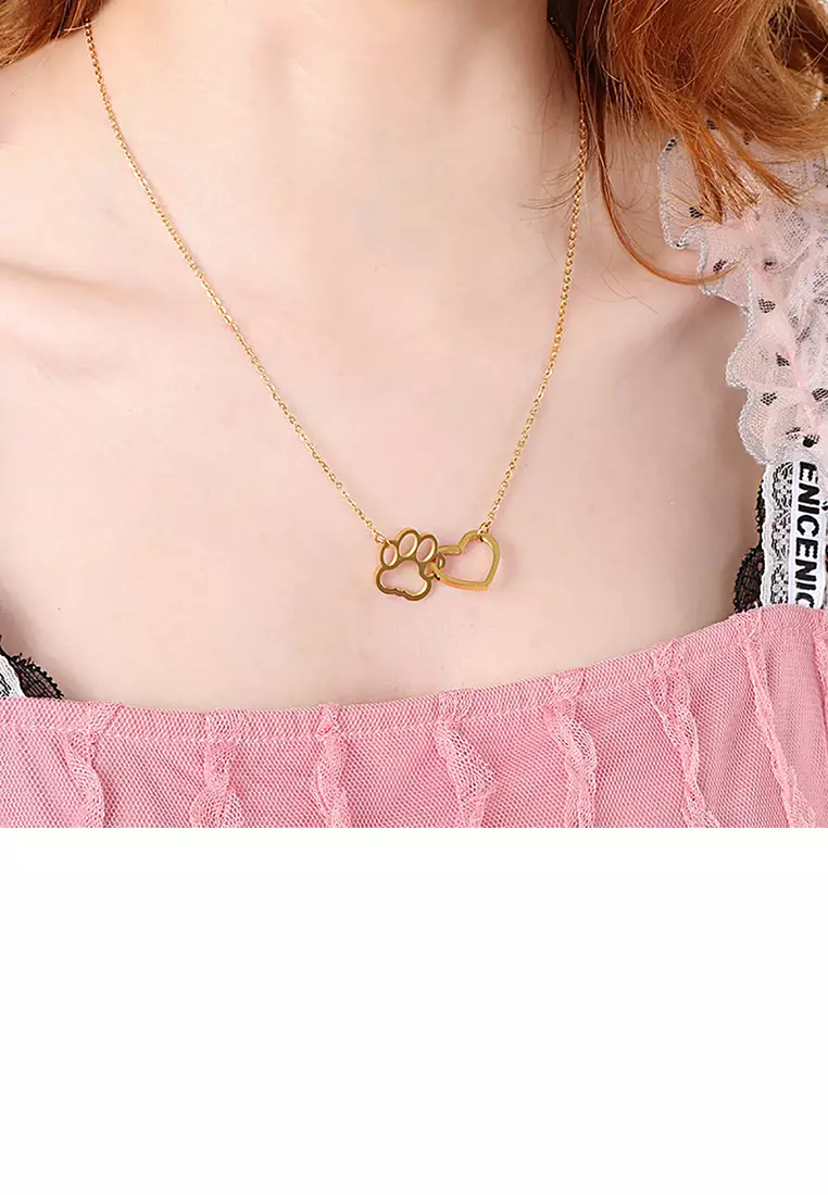 Simple and Creative Plated Gold Hollow Heart-shaped Cat Claw 316L Stainless Steel Necklace