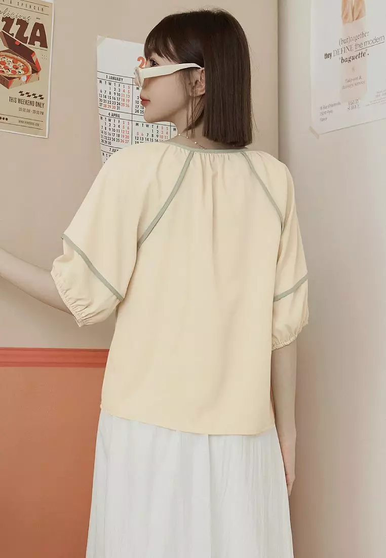Round Neck Colorblock Trim Half-Placket Lantern Sleeve Top [AB20353]