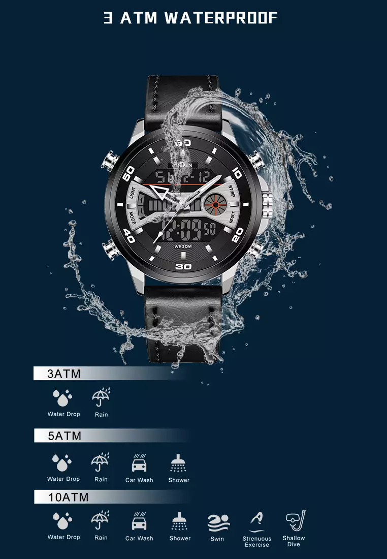 Jam Tangan Pria Olahraga Anti Air Jam Analog&Digital Tali Kulit Minggu/Tanggal/Waktu Ganda Dial Original hitam