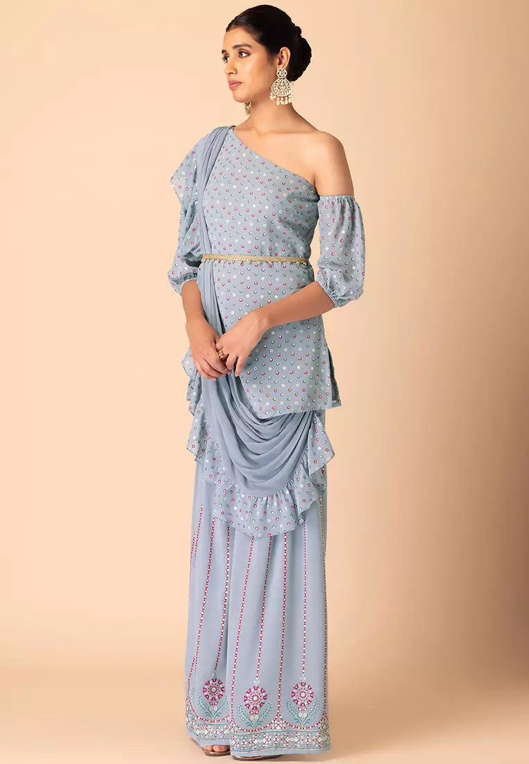Light Blue Foil Print Sharara And Short Kurta With Attached Ruffled Dupatta And Belt (Set of 3)