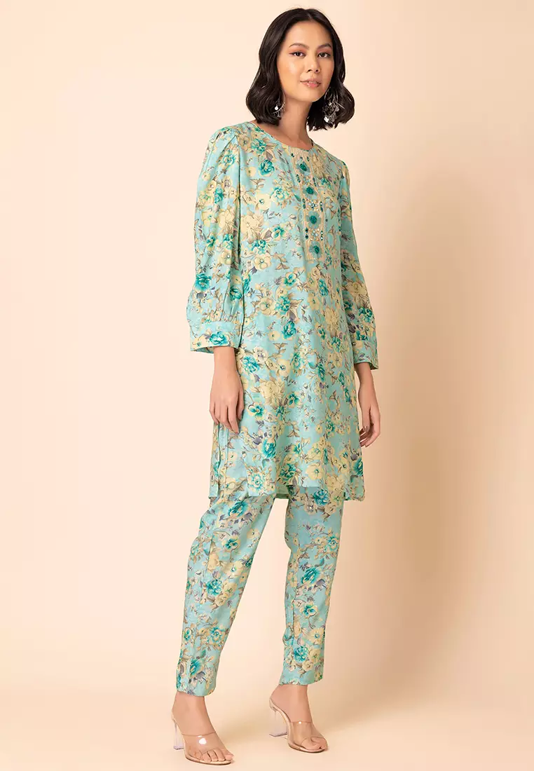 Light Blue Floral Jaal Print Rayon Kurta And Printed Pants (Set of 2)