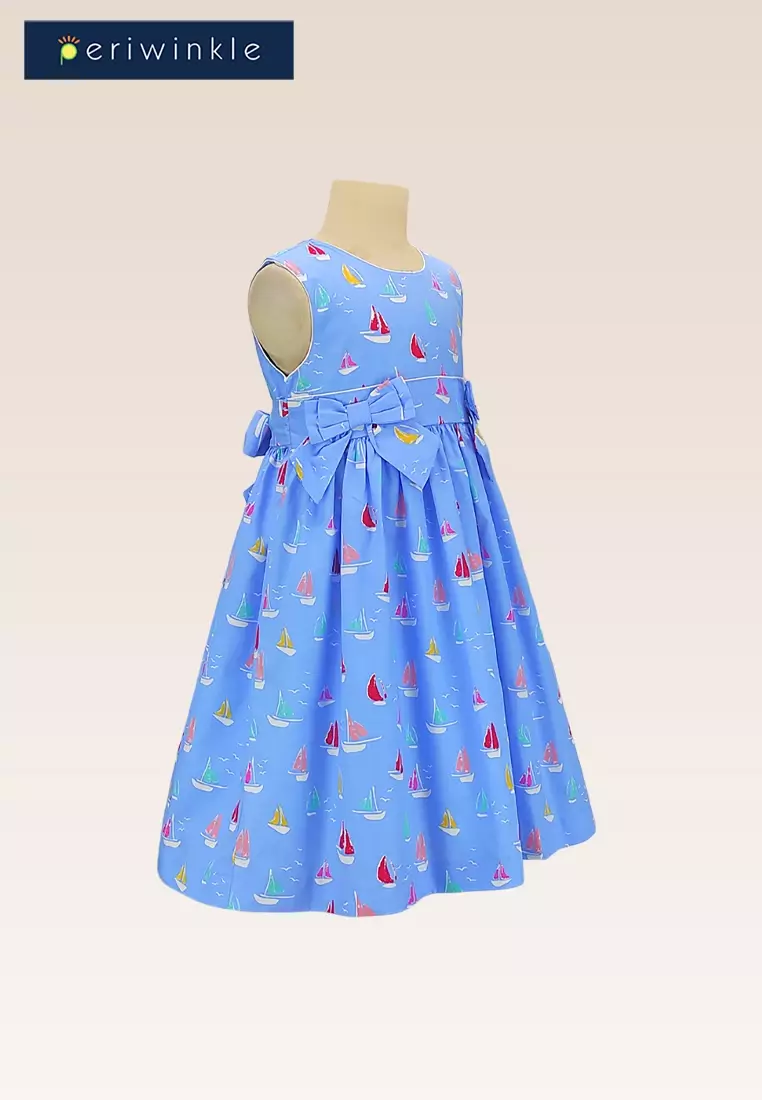 Gretche Girls Sky Blue Boat Print Dress with Bow Details at Front