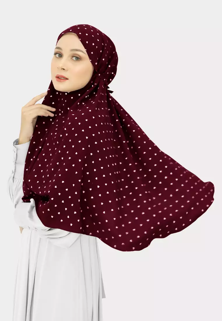 Aira Bergo Motif Cinta Kerudung Tali | Hijab Instan - Red Wine