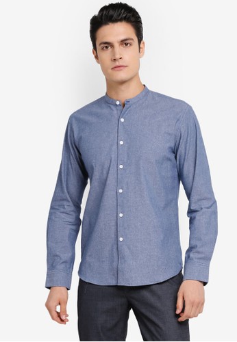 Jual ZALORA Slim Fit Mandarin Collar Chambray Long Sleeve 