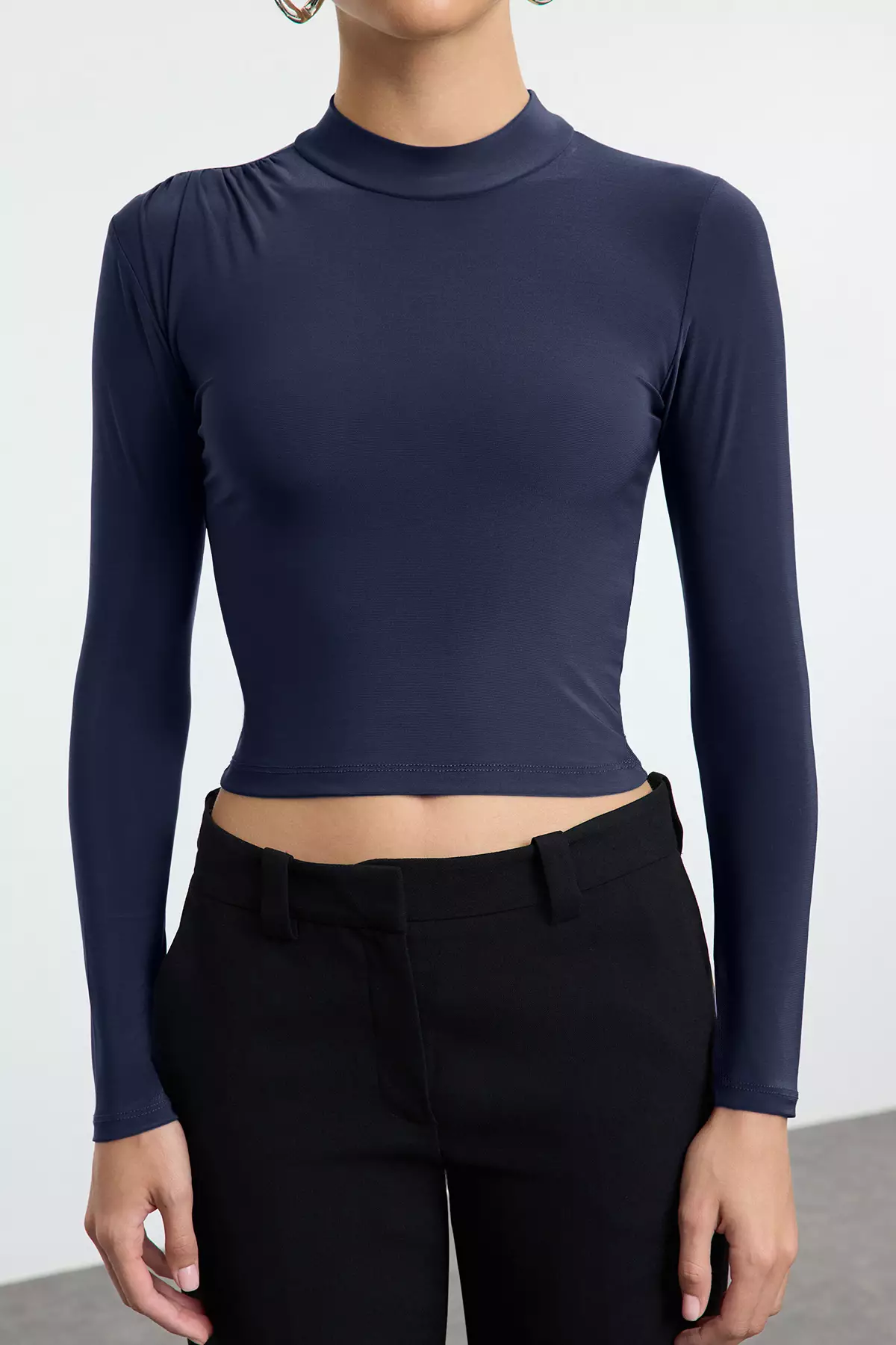 Navy Blue Stand Collar Fitted/Body-Smoothing Long Sleeve Gathered Flexible Knitted Blouse Twoaw23El01391