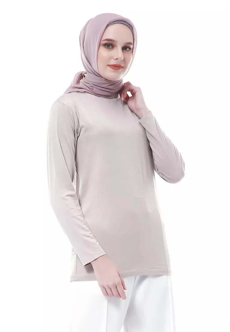 Zlora Manset Atasan Wanita Motif Polos Long Sleeve Reguler Fit - Warm Grey