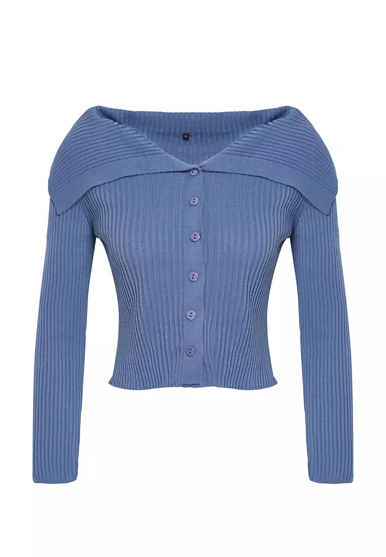 Blue Turn-Down Collar Knitwear Cardigan Twoaw24Hi00284