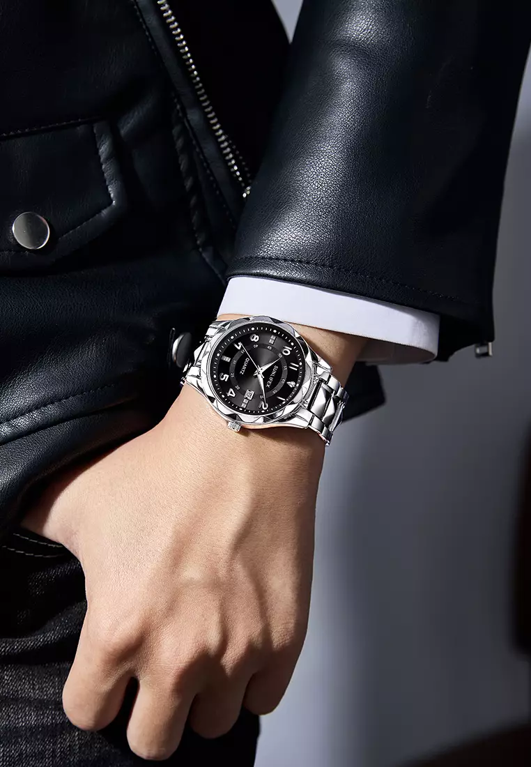 Jam Tangan Pria 3268-2 Bercahaya Kalender Kasual Jam Tangan Cowok Kuarsa Original silverblack