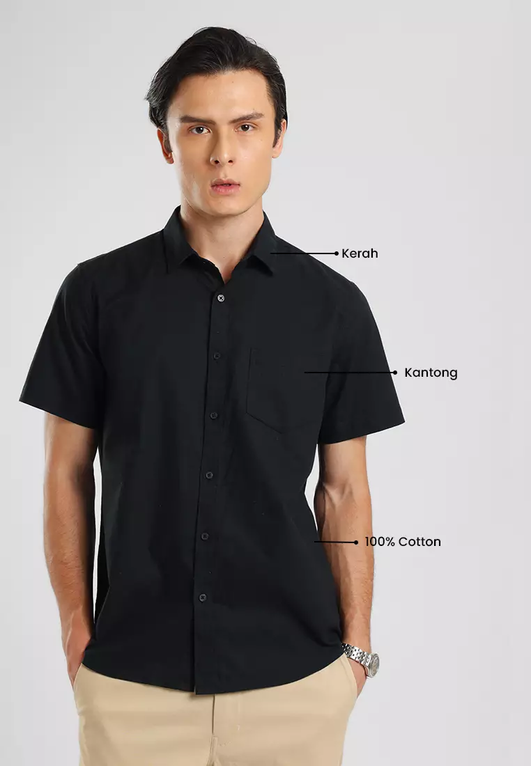 MANZONE - Kemeja Oxford Quick Dry Lengan Pendek Pria Jaxen 06 Modern Fit - Black Warna Black