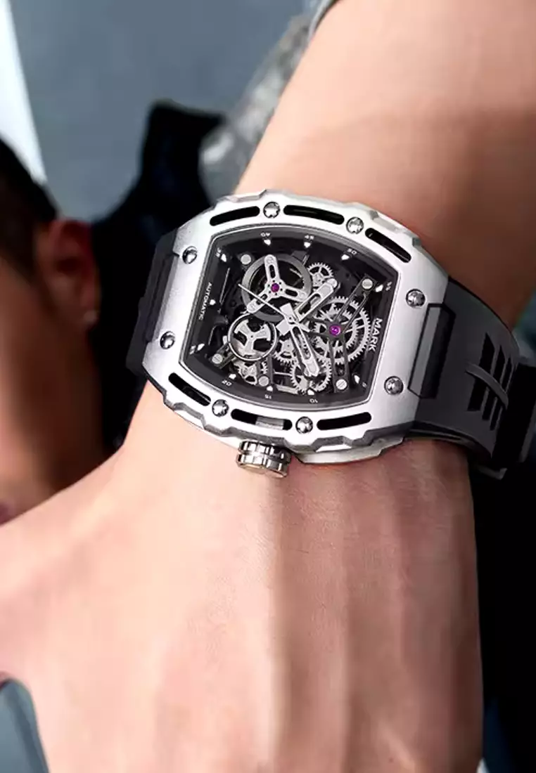 男女通用自動手錶，43 毫米，不鏽鋼，橡膠錶帶