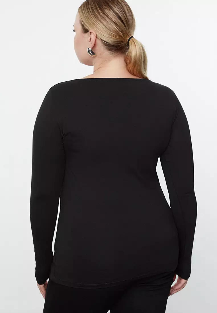 Black 100% Cotton Body-Fitting Long Sleeve Plus Size T-Shirt Tbbaw25Bf00000
