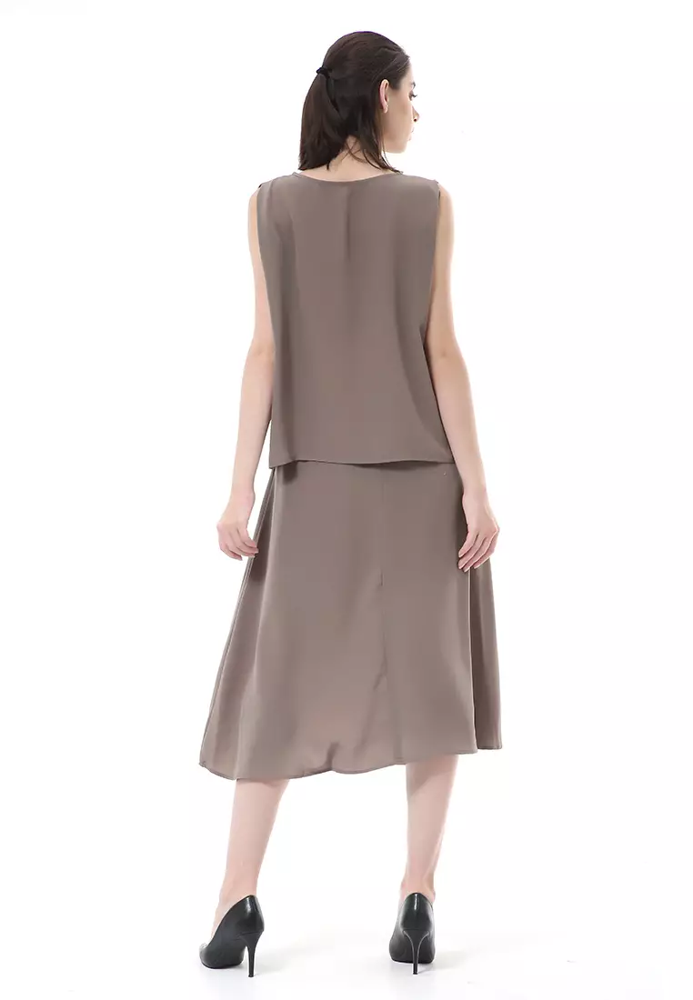 Nayra Set Atasan Wanita Setelan Tanpa Lengan with Long Skirt Motif Polos Material Chiffon Cathy ORIGINAL - Dark Olive