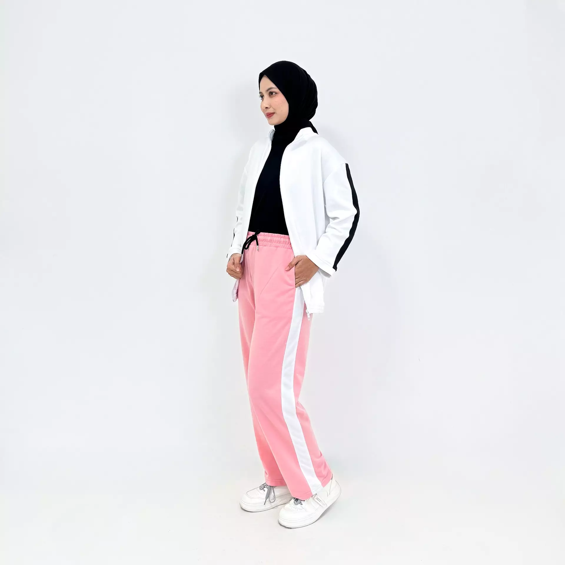 Setelan Jaket Sporty PUTIH- PINK Onset Training Panjang Wanita