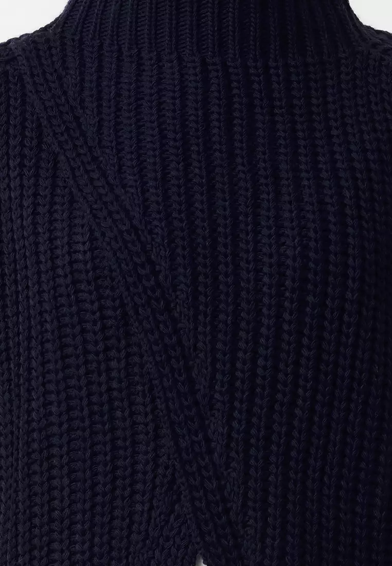 Navy Blue Stand Collar Slit Poncho TWOAW25PA00000